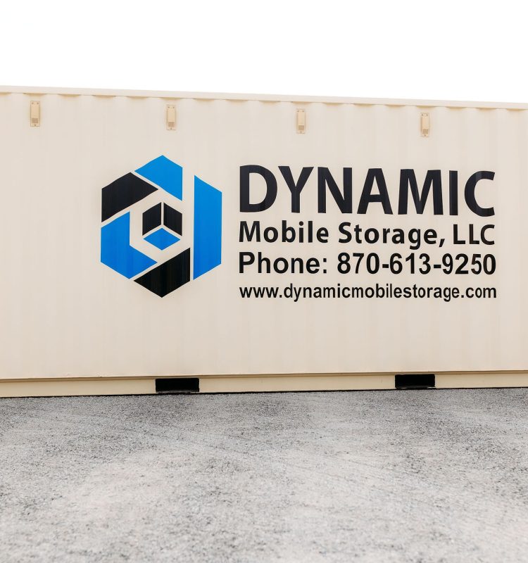 A shipping container featuring the Dynamic Mobile Storage logo