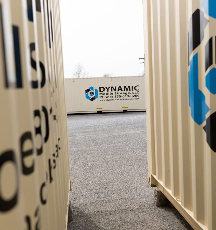 A shipping container with the Dynamic Mobile Storage logo